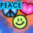 A pixelated image with a blue and orange gradient background featuring a peace symbol, heart, and smiley face, with text labels changing across frames.