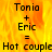Pixelated text on a fiery orange-yellow background displays 'Tonia + Eric = Hot couple' in multiple repeated lines with partial cropping.
