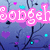 Pixelated text 'Bodget' appears in pink and cyan on a blue background with heart and star shapes.