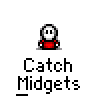 Animated contact sheet of a pixel art character in red shirt and white head performing actions with yellow objects, labeled "Catch Midgets" text below each frame on gray background.