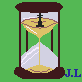 Four pixelated hourglass icons on green background, each with brown frame, yellow sand, and blue 'J.L' text, showing sand flow progression.