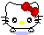 Pixelated white cat with red bow, yellow nose, black eyes and whiskers standing on blue puddle against gray background.