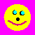 A static pixelated yellow smiley face with cyan eyes, black pupils, and a pink curved mouth against a bright magenta background.