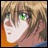 Anime-style character with light brown hair and green eyes, side profile against orange and black background with text.
