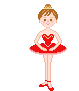 Pixelated ballerina in red tutu with heart design, performing various ballet poses on gray background.