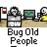 Animated contact sheet showing 15 sequential frames of a pixel art buddy icon featuring two stick figures at desks with computers, labeled "Bug Old People" below each frame.