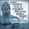 Static buddy icon featuring a person in blue-toned armor with text overlay reading 'your mother was a hamster and your father smelt of elderberries.'