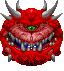 Red demonic head with silver horns and teeth, mouth opening to reveal blue interior with glowing symbols, green eye, and blue particles.