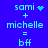 Blue background displays two side-by-side equations with light blue text; left equation shows 'sami + michelle = bff' with a heart symbol, right shows 'sami + michelle = bff' with a starburst symbol.