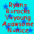 A static image with red text on a blue starry background, displaying repeated lines of 'Ryan = R=rocks Y=young A=awesome N=nice' in pixelated font.