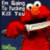 A red puppet with large eyes and an orange nose, wearing a white shirt, stands against a dark background with pixelated text.