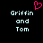 Pixelated text displays 'Griffin and Tom' in light blue on black background with a pink heart symbol above.