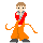 Pixel art character in red and orange outfit with brown hair, gray shoes, and a tail-like appendage on gray background.