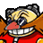 Pixelated character with yellow hair, black goggles, red nose, and wide white teeth in a broad grin against gray background.