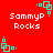 Red background with repeated pixel art text "SammyP Rocks" and cyan square patterns in corners and midpoints.