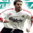 Pixelated static image of a soccer player in motion wearing a white jersey with red accents and dark shorts, set against a teal background.
