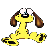 Yellow cartoon dog with brown ears and black spots in multiple poses on gray background.