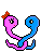 Pixel art of two intertwined snake-like figures in pink and blue, each with a small orange bow on their head, forming heart shapes with their bodies.