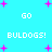 Pixelated blue background with pink plus signs and repeated white text 'GO BULLDOGS!' in a pattern