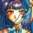 Pixelated anime-style character with red eyes and light-colored hair, wearing a blue outfit against a dark background.
