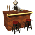 Animated contact sheet showing two frames of a cartoon bartender character behind a wooden bar with stools, cups, and utensils.