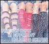 Six figures in striped socks and dark pants stand side-by-side with text below reading 'FRIENDS COME IN DIFFERENT COLORS & SHAPES' on a blue background.