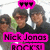 Pixelated image of three people with a pink banner reading 'Nick Jonas' and 'MCR' below, with a pink speech bubble containing three black symbols above.