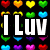 Pixelated of colorful heart icons above text "I LUV" on black background, with additional heart icons below; right side shows "THE" over colorful shield icons on white background