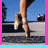 A static image with a split background of pink and cyan sections containing text, alongside a small photo of legs in motion on pavement.