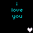 Pixelated cyan text 'i love you' on black background with two heart icons, one white and one gray.