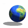 Animated globe rotating through multiple views showing Earth's continents and oceans with blue water and green/brown landmasses.