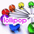 Pixelated image with multiple colorful icons surrounding a central text banner reading 'lollipop' in bright pink letters.