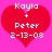 Two identical red heart-shaped icons on a bright pink background with white pixelated text reading 'Kayla + Peter 2-13-08' inside each heart.