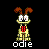 Pixelated cartoon dog with brown ears, white face, yellow body, red checkered bow tie, and open mouth on black background.