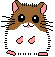 Pixel art hamster with brown and white fur, pink ears and nose, black eyes, whiskers, and feet on gray background.