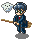 Pixel art character in dark blue suit with red tie holding broomstick, standing on gray ground with white cloud above head.
