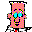 Pixelated character with yellow-pink checkered body, cyan eyes, black mouth, white shoes, red accents, and gray background in animated sequence.