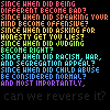 repeated text phrases in multiple colors on a black background, with a gray square in the bottom-right corner