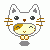 Pixelated cat icon with gray outline, brown nose, and orange whiskers; yellow face with brown patch; closed eyes in two views, open eyes in two views; brown paws; gray base.