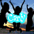 Silhouettes of three people jumping with a blue 'Carly' text overlay on the left, and a giraffe and pink rabbit with brown 'and' text in the center.