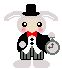 Pixel art rabbit in top hat and tuxedo holding pocket watch, with closed eyes in some frames.