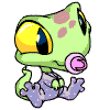Green cartoon frog with yellow eyes and pink spots holds a pink flower, wearing purple polka-dotted pants.
