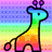 Pixelated giraffe with rainbow gradient body stands against striped background of purple, blue, green, yellow, and pink hues.