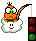 Pixelated orange character with green eyes and black crown sits on white cloud with red smile, next to traffic light showing red lights.