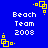 Blue background with white text reading 'Beach Team 2008' and yellow pixelated square patterns in four corners.
