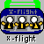 Pixelated icon with blue base, green handle, three white-lit figures in black and yellow attire beneath 'X-Flight' text.