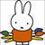Pixelated bunny with long ears wears orange dress, holds green leaf and blue-orange object against white background.