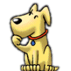 Animated yellow cartoon dog with red collar and blue tag in six sequential poses showing thought, fan-waving, heart symbols, and text.