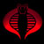 A pixelated red and black icon featuring a stylized snake head with horizontal stripes on its face and a curved body forming a circular shape against a dark background.