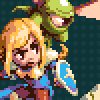 Pixel art of a blonde character with closed eyes holding a blue and white sword, standing before a green creature on dark background.